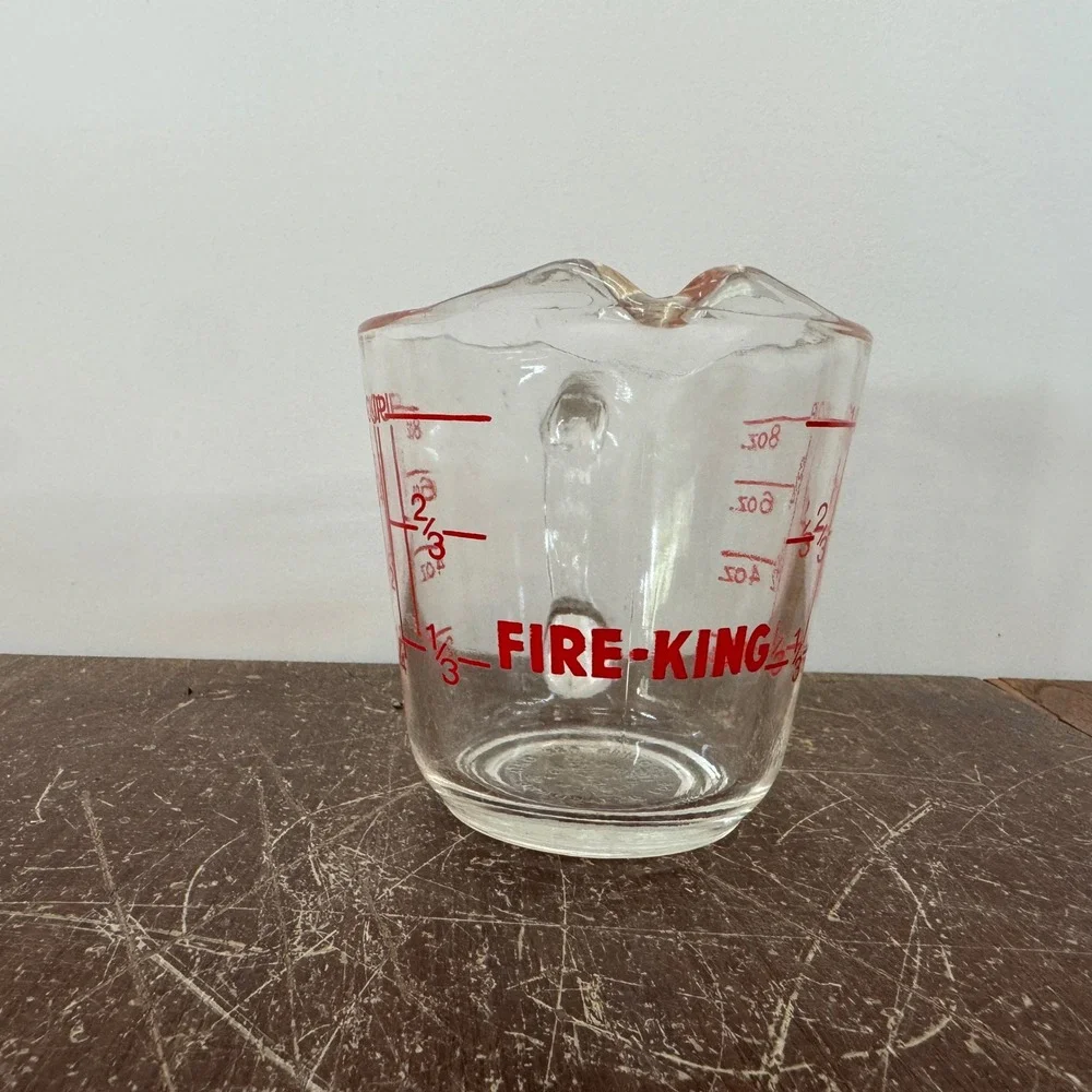 Vintage Fire King 8‎ oz. 1 cup Glass Measuring Cup Red Graphics Kitchenware